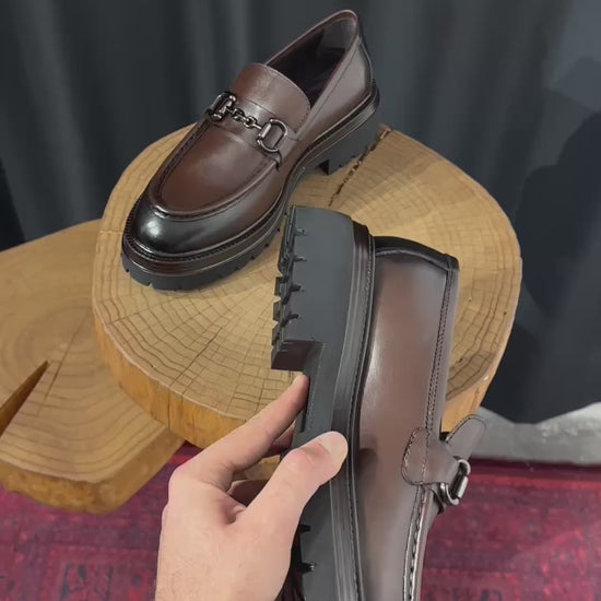 Brown Leather Chunky Horsebit Loafers.