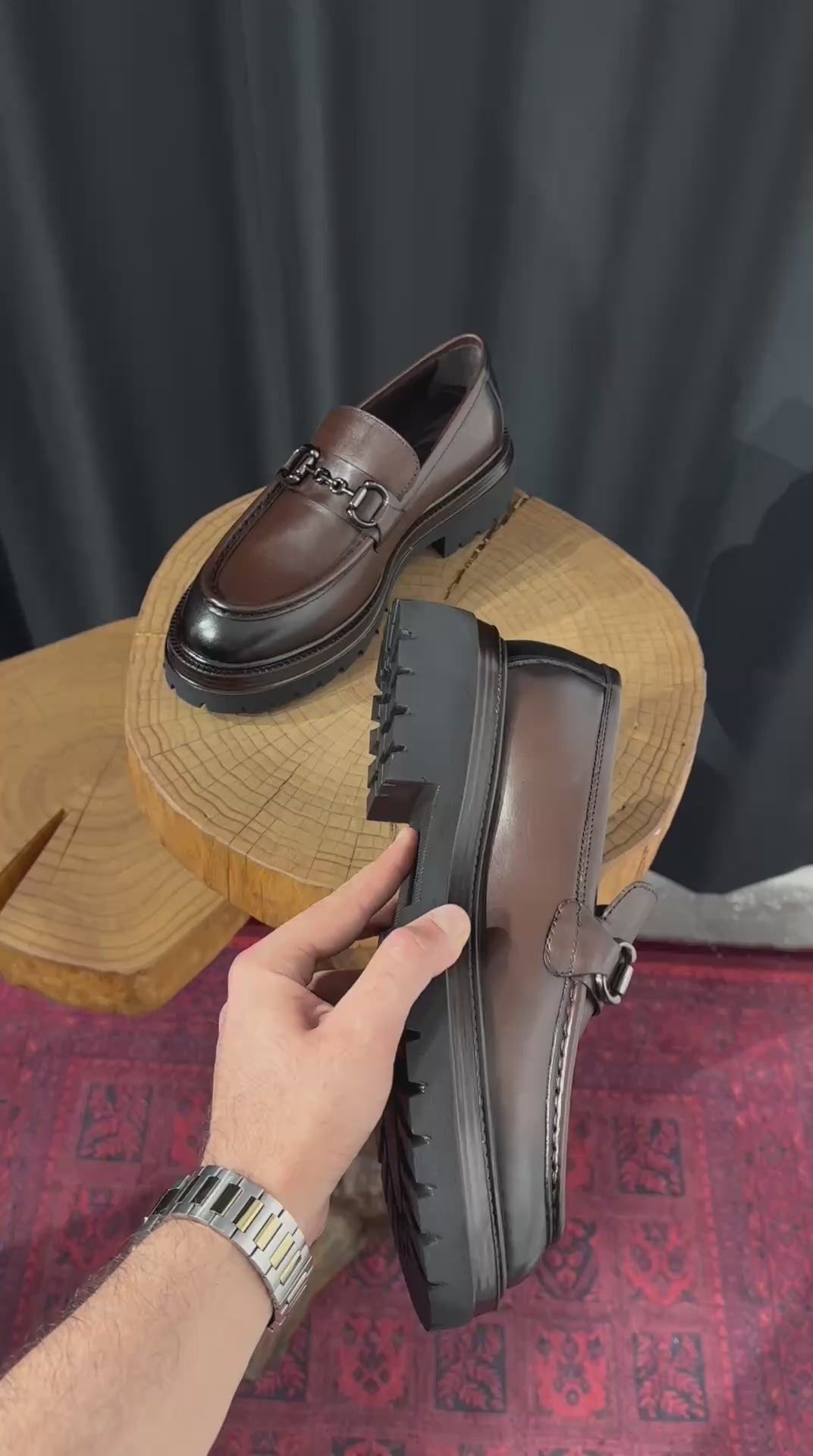 Brown Leather Chunky Horsebit Loafers.