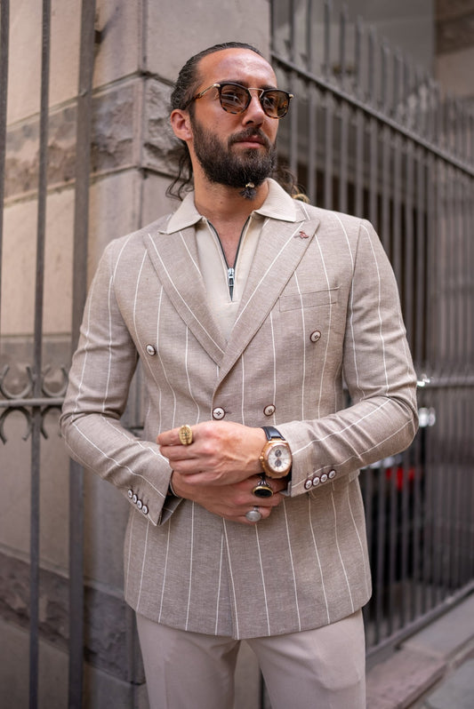 Beige double breasted blazer mono collar and stripe detail
