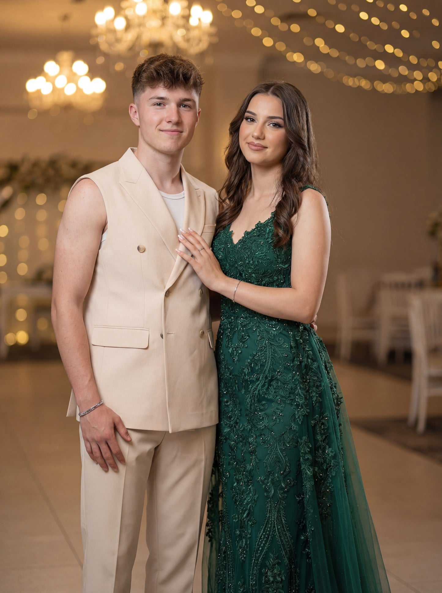 Beige sleeveless slim fit prom suit styled for modern prom night