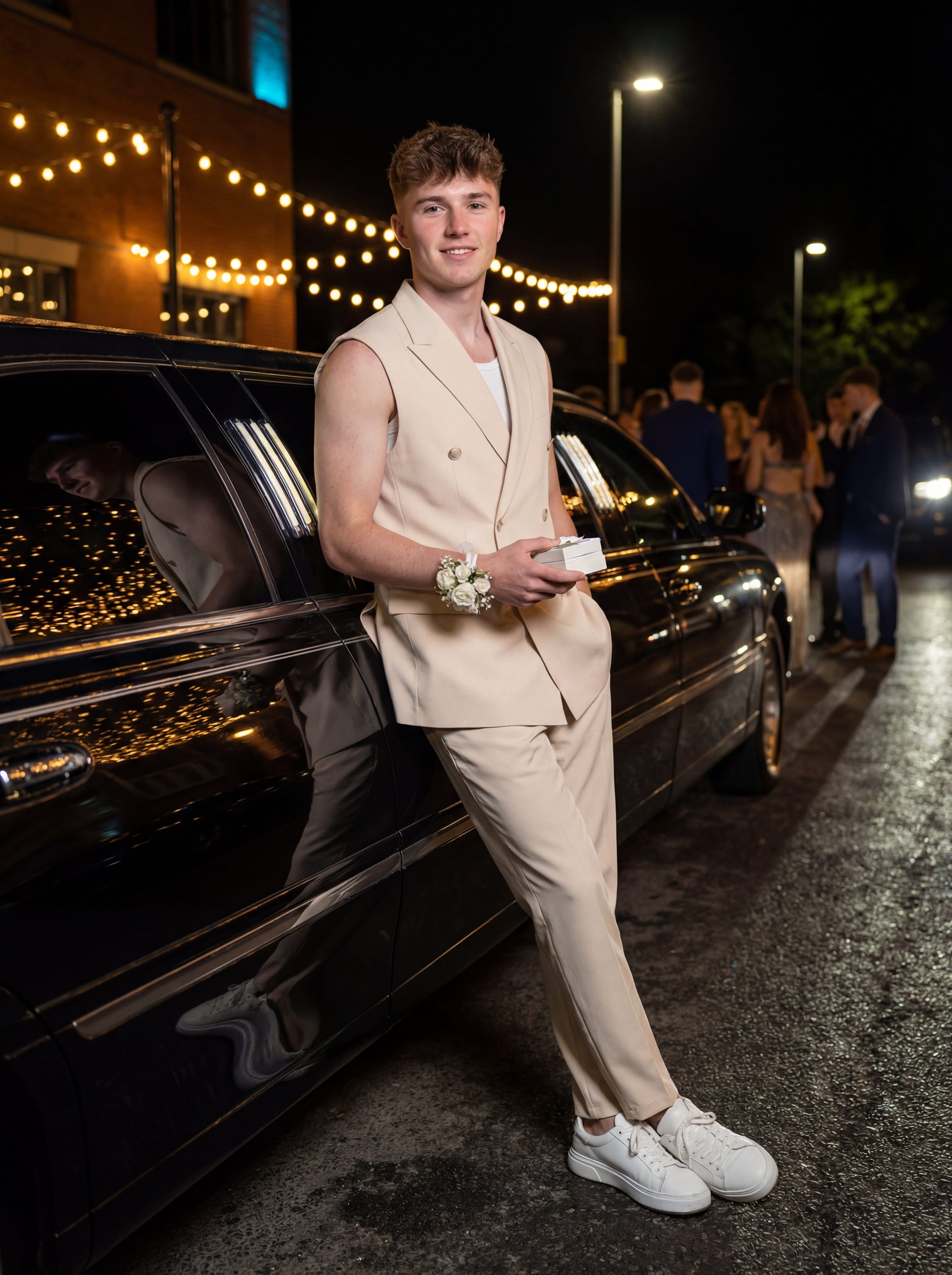 Beige sleeveless slim fit prom suit styled for modern prom night