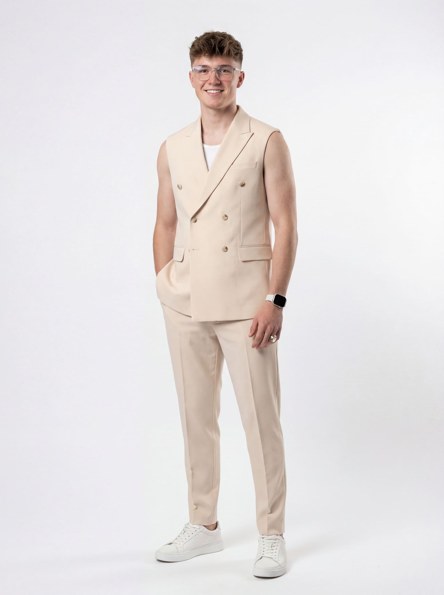 Beige sleeveless slim fit prom suit styled for modern prom night