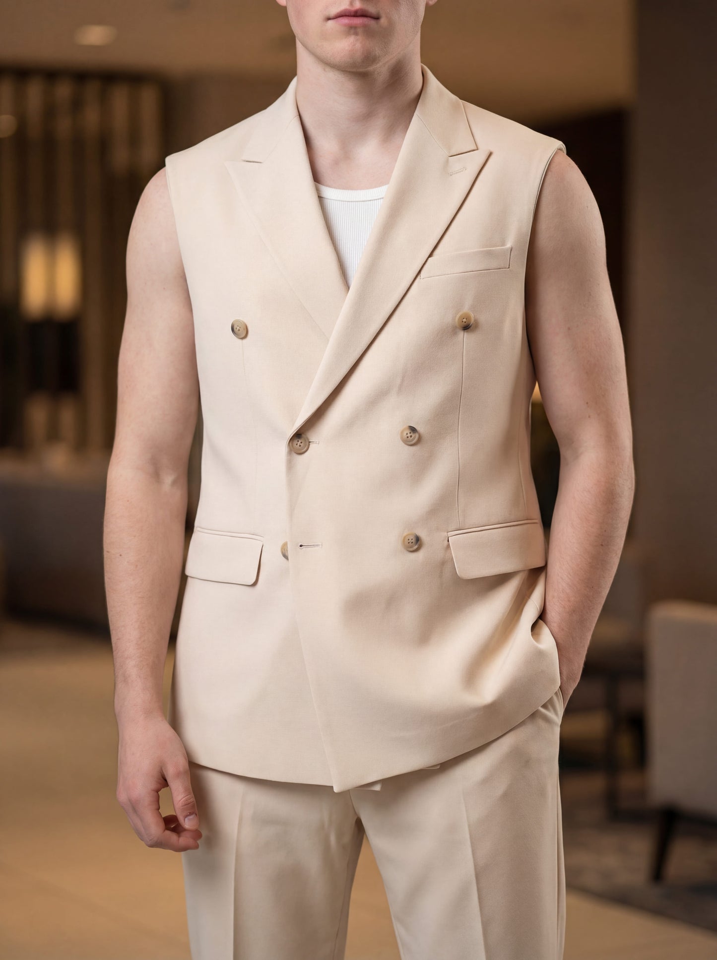 Beige sleeveless slim fit prom suit styled for modern prom night