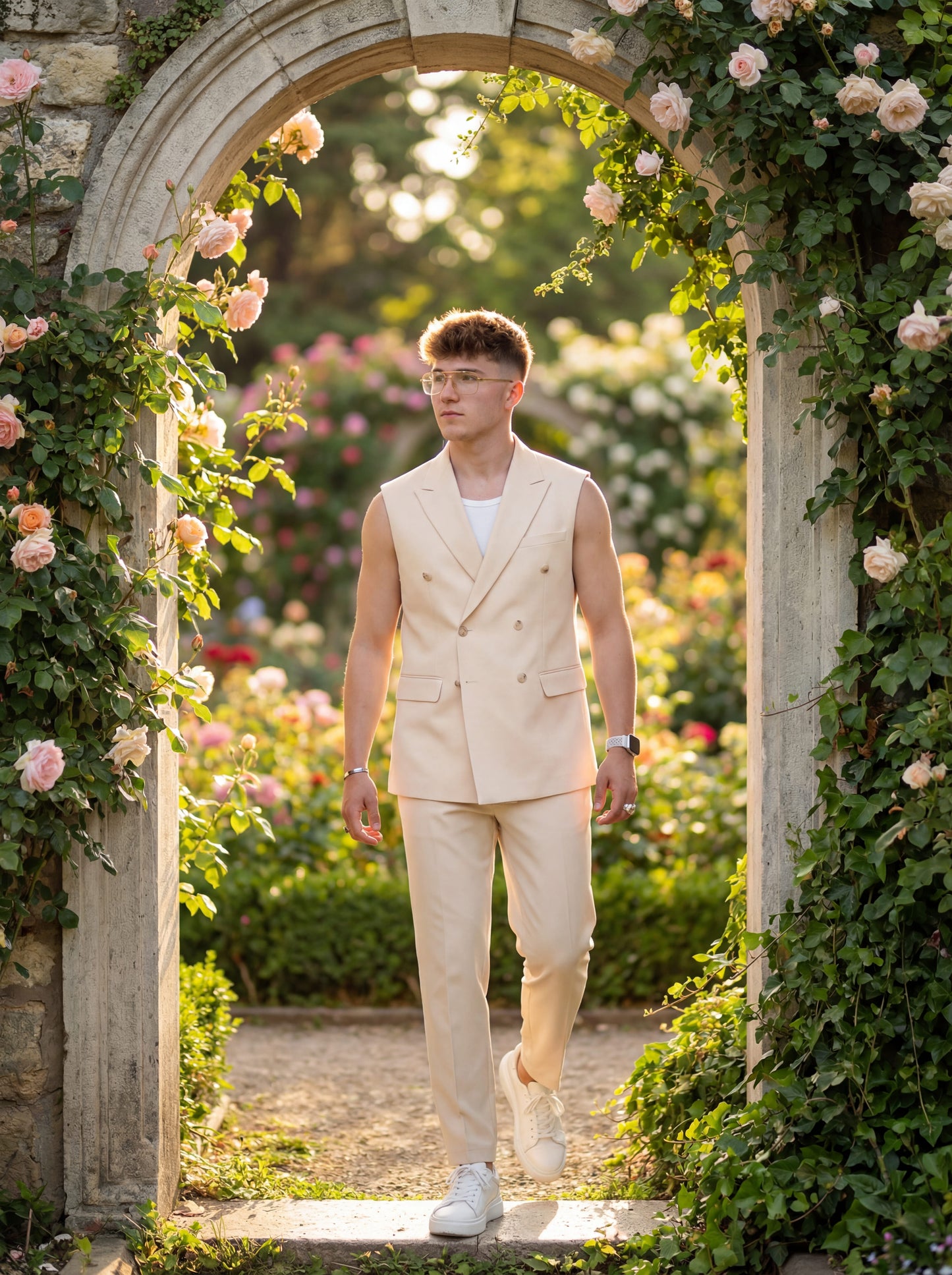 Beige sleeveless slim fit prom suit styled for modern prom night