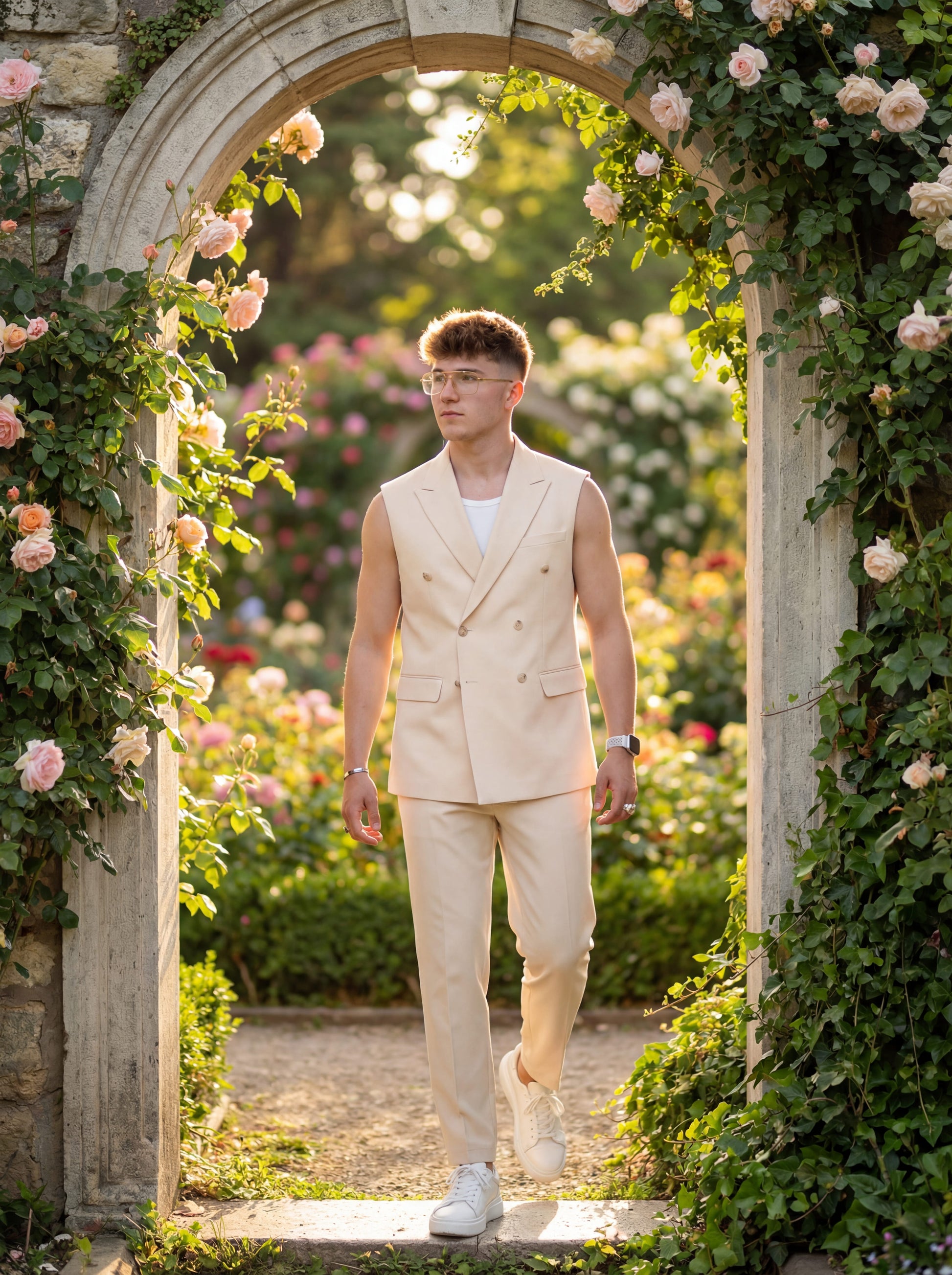 Beige sleeveless slim fit prom suit styled for modern prom night