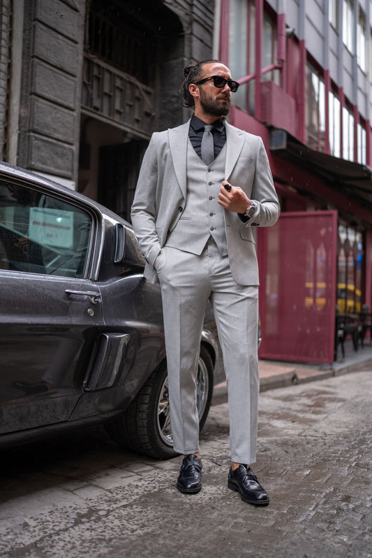 A Gray Suit worn by a model