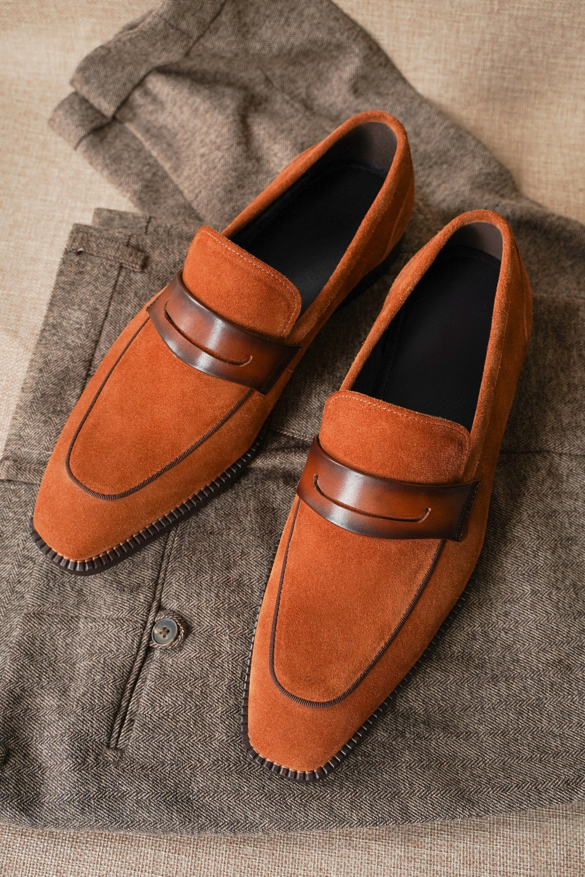 Burnt Brown Casual Suede Penny Loafers HolloMen Burnt Brown Casual Suede Penny Loafers HolloMen