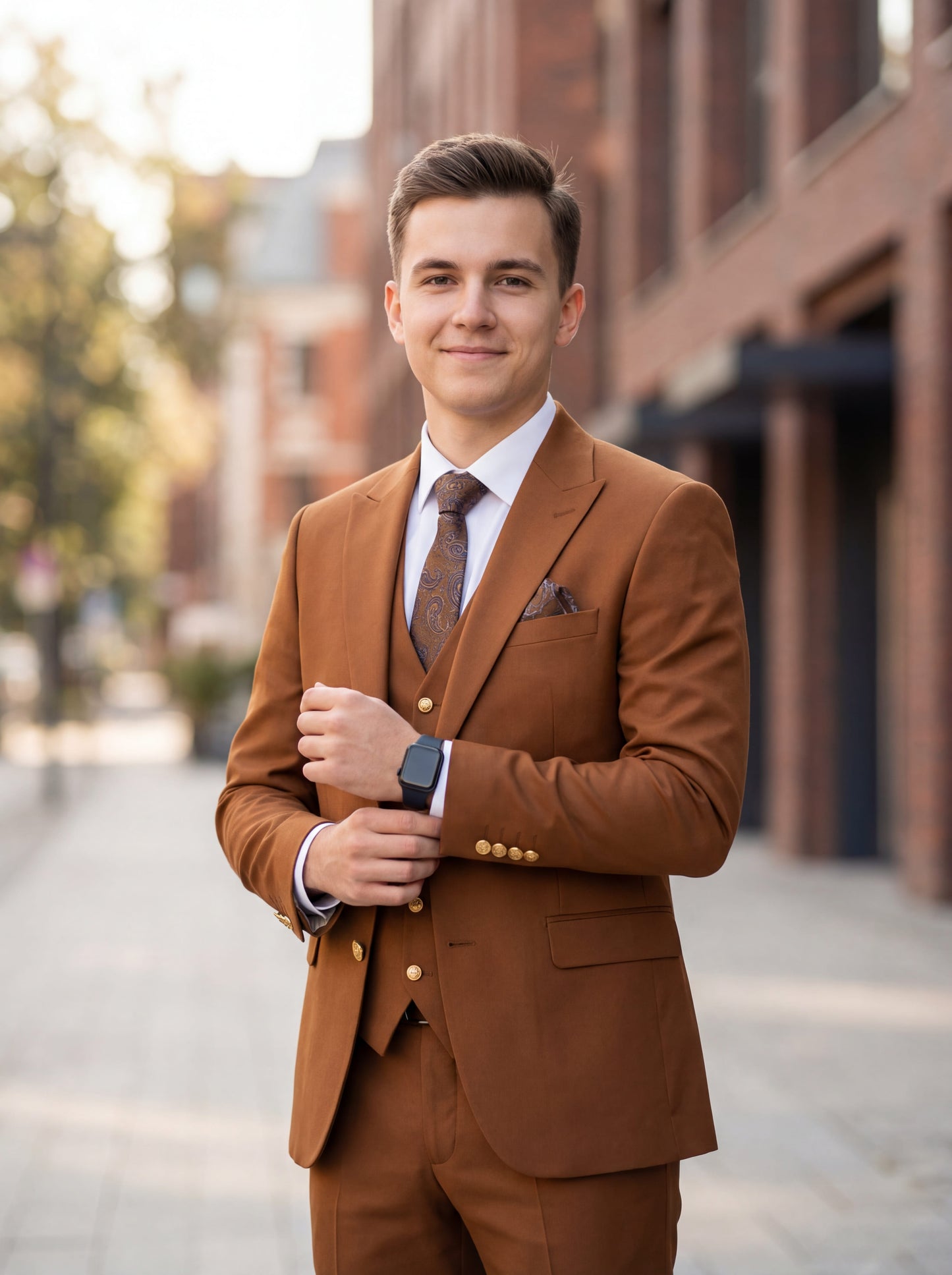 Tile brown slim fit three-piece prom suit styled for formal evening event