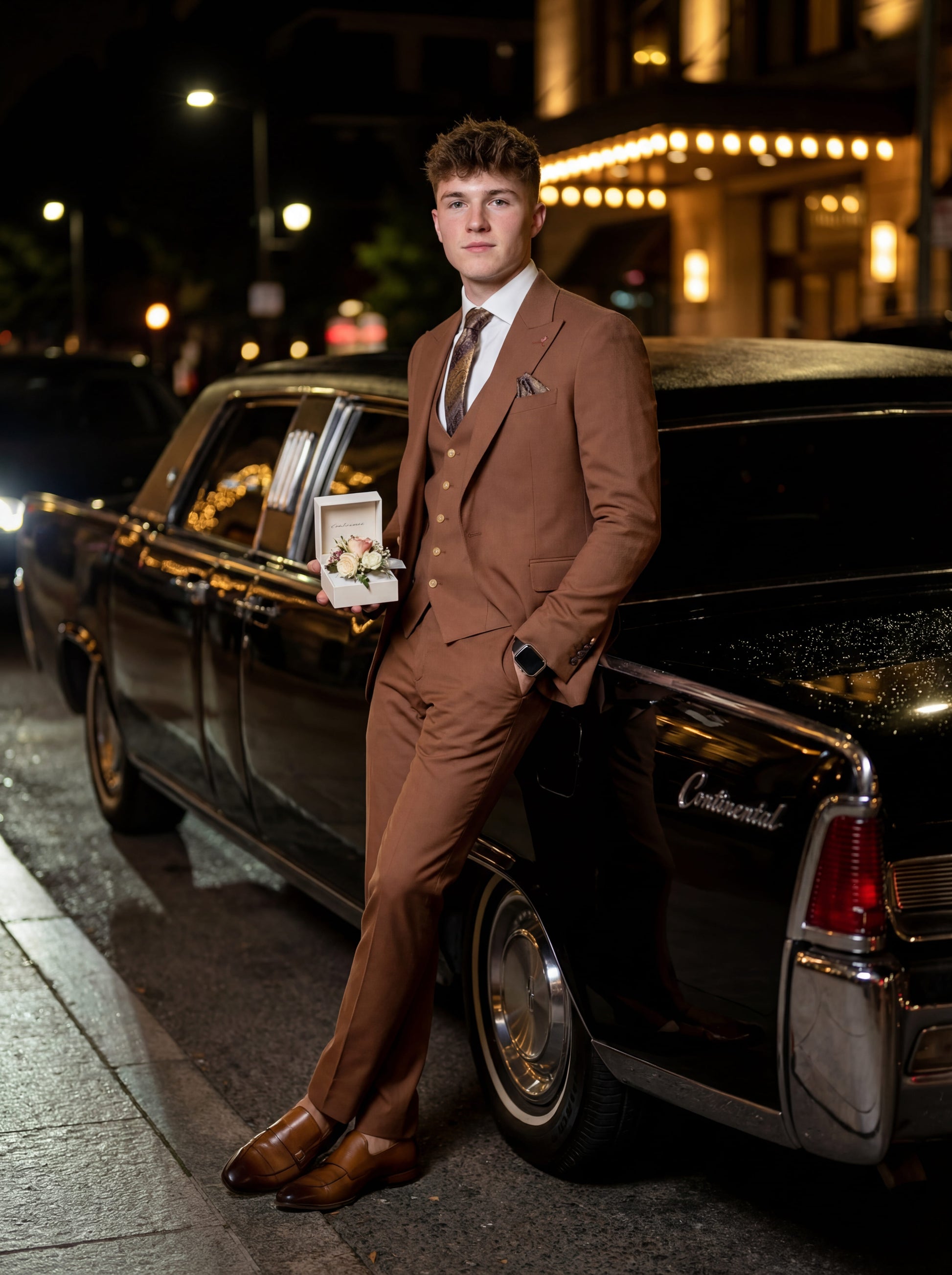Tile brown slim fit three-piece prom suit styled for formal evening event