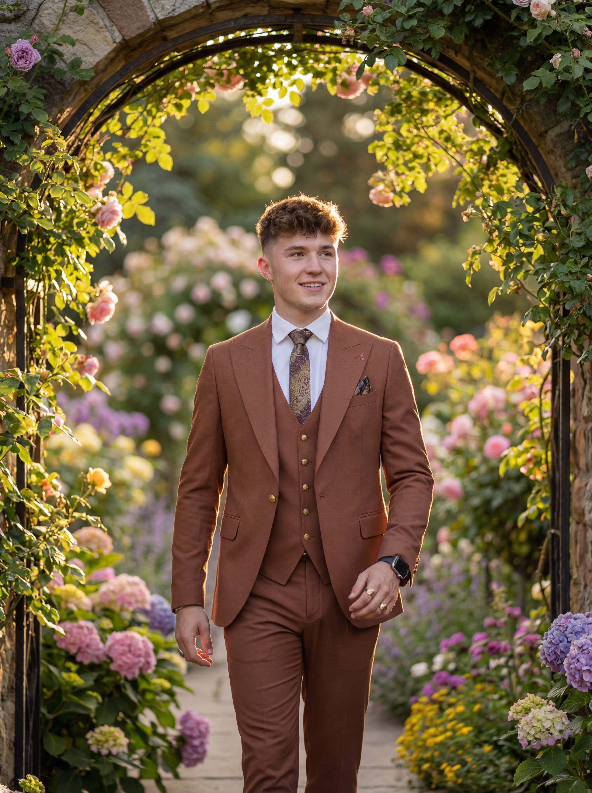 Tile brown slim fit three-piece prom suit styled for formal evening event