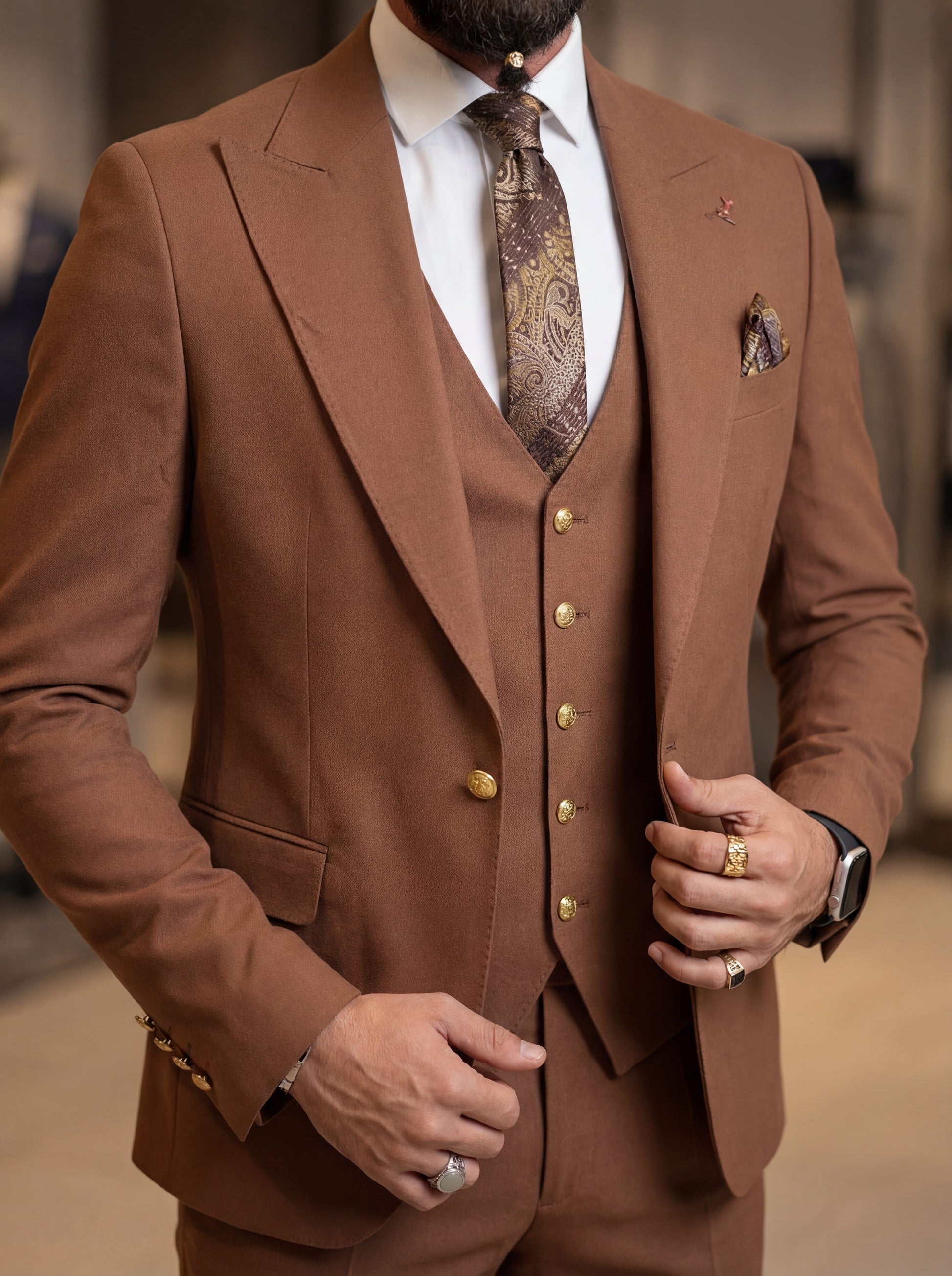 Tile brown slim fit three-piece prom suit styled for formal evening event