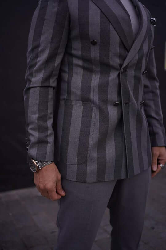 A Striped Gray Blazer on display.