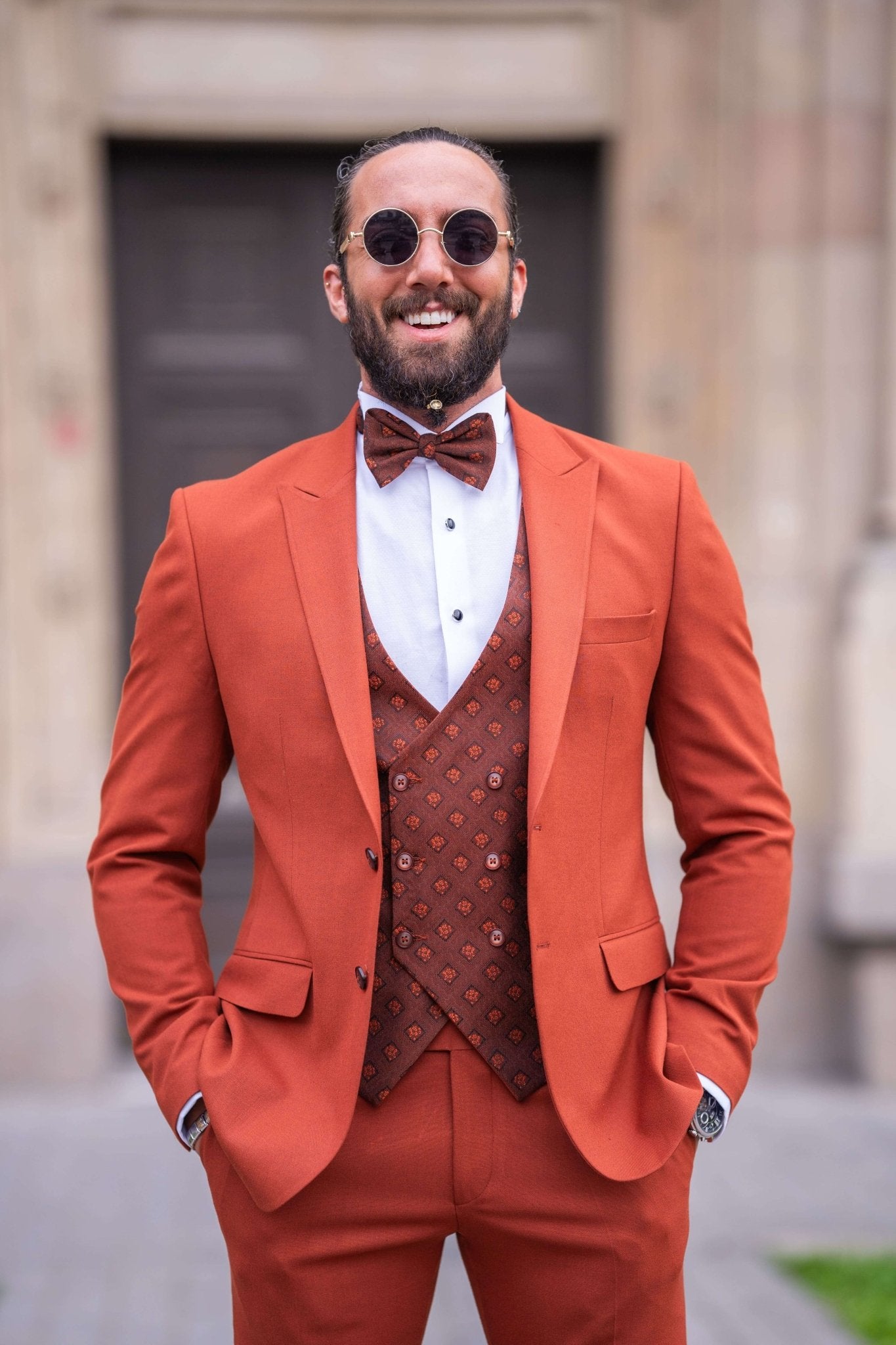 Men’s slim-fit tile collar tuxedo in slate gray with pointed collar and two-button front – styled for formal winter events, weddings, or high-fashion black-tie affairs.