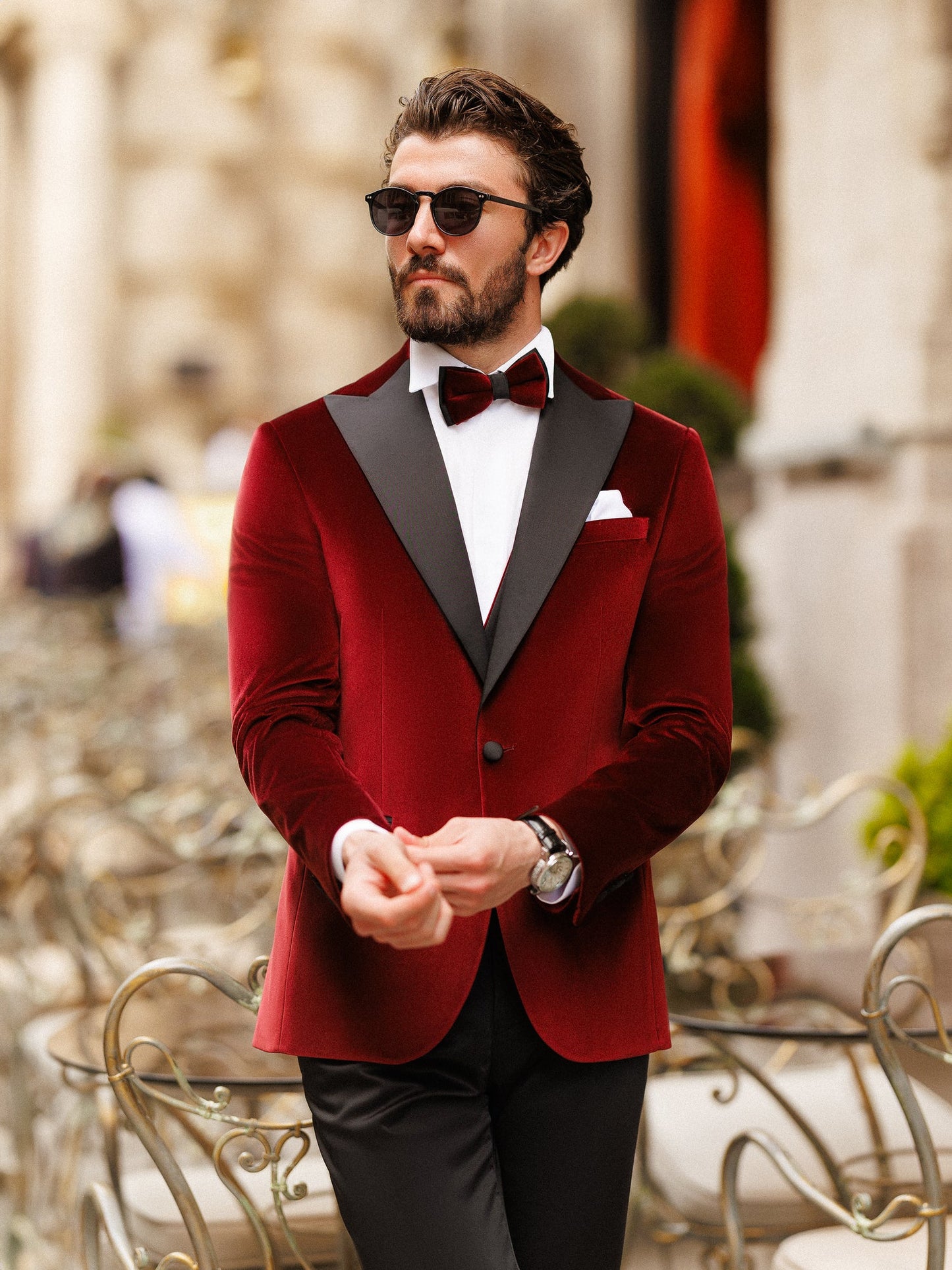 Men’s Bordeaux Velvet Peak Lapel 3-Piece Tuxedo.