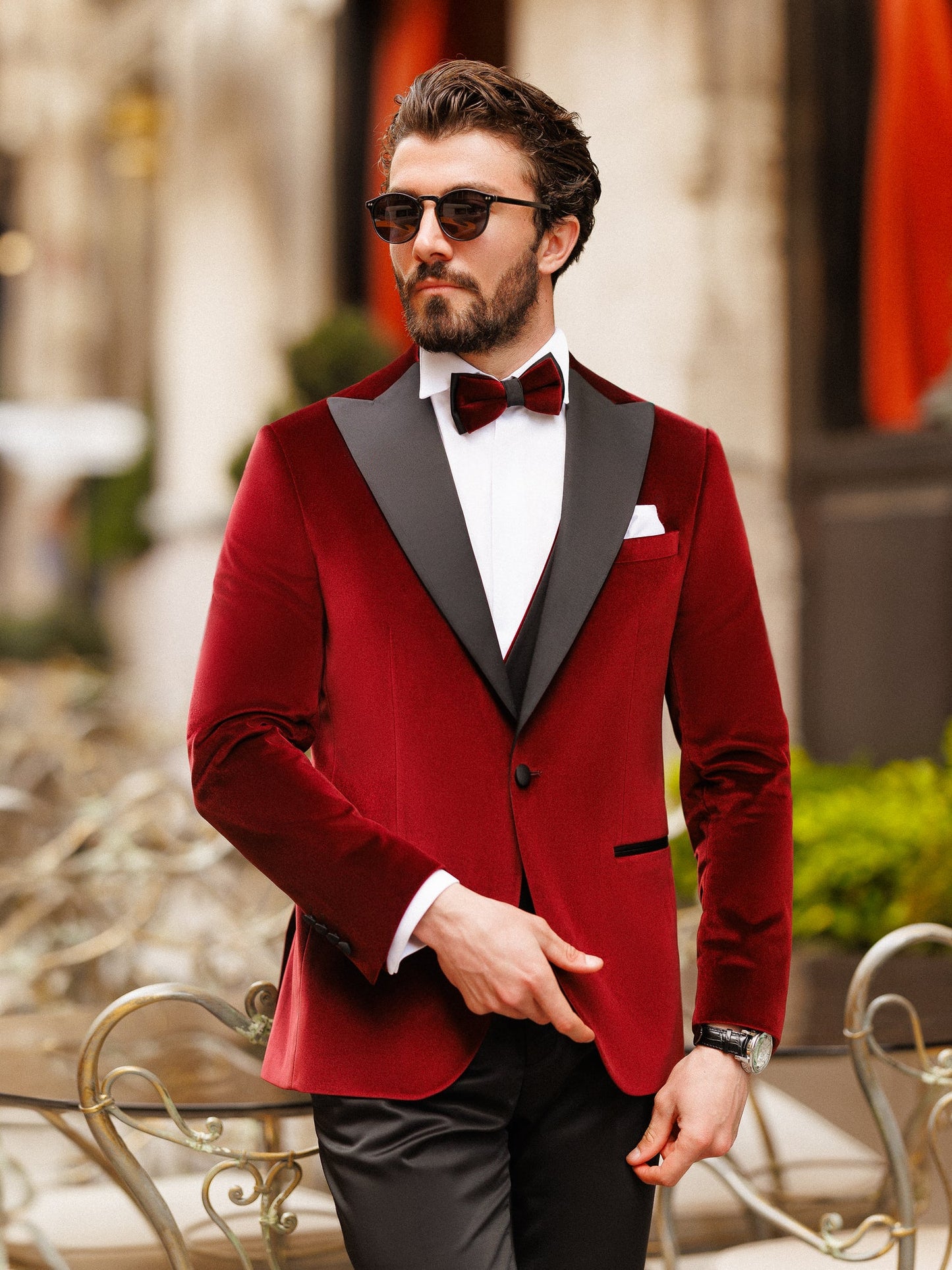 Men’s Bordeaux Velvet Peak Lapel 3-Piece Tuxedo.