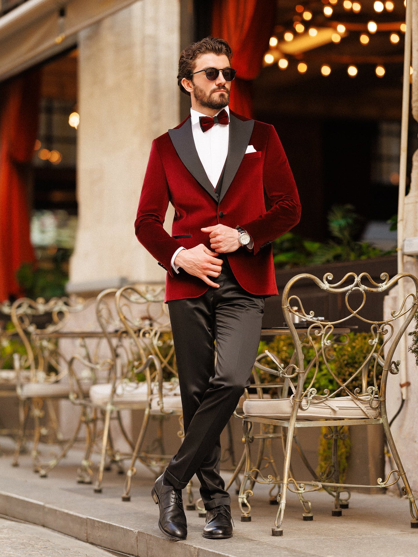 Men’s Bordeaux Velvet Peak Lapel 3-Piece Tuxedo.