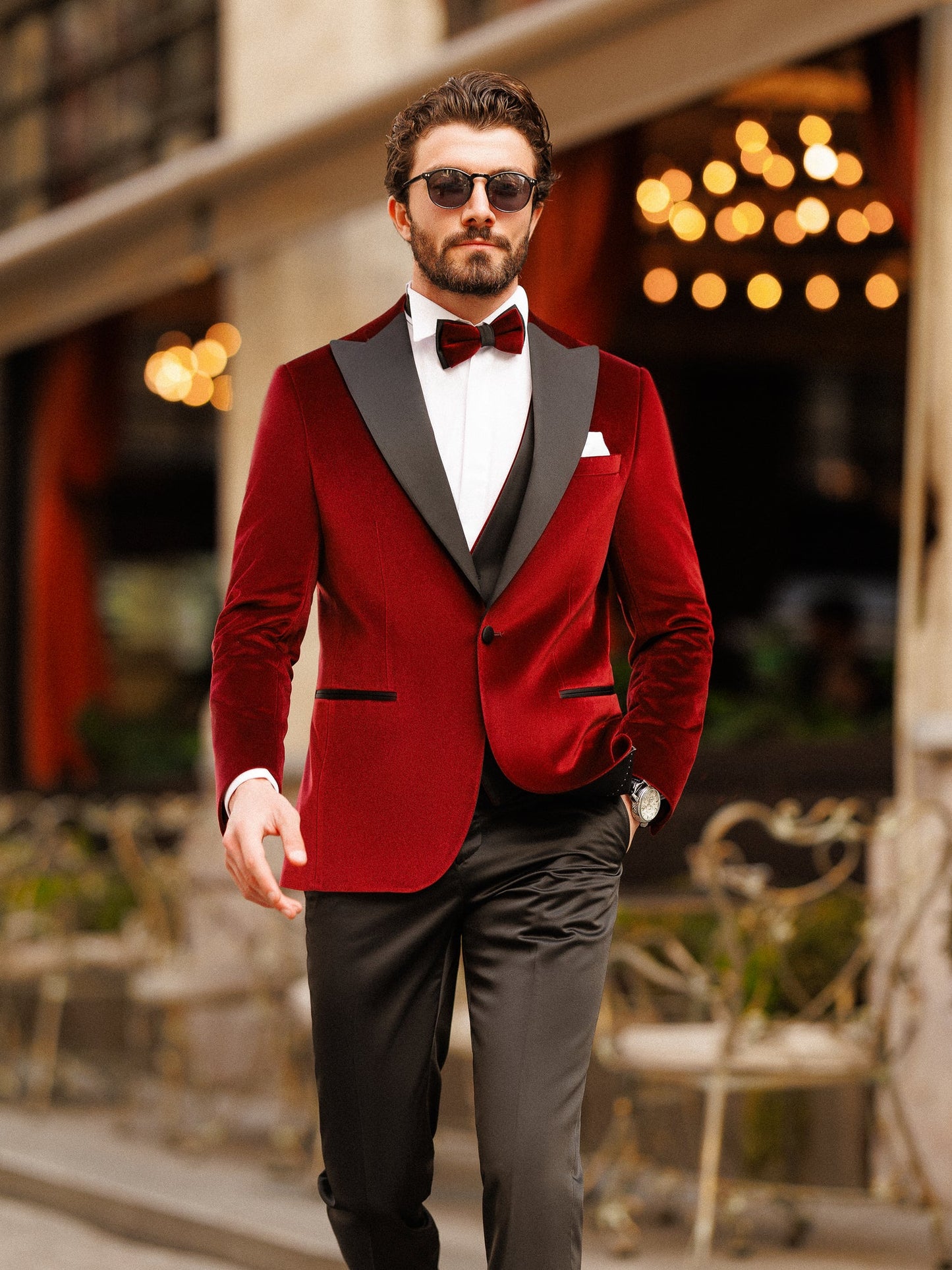 Men’s Bordeaux Velvet Peak Lapel 3-Piece Tuxedo.