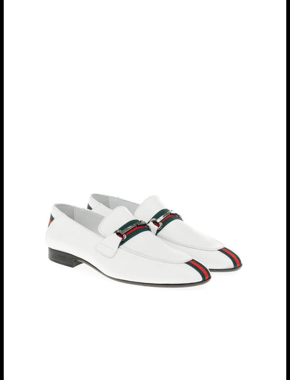 White leather loafer with red and green stripe detail and silver horsebit.