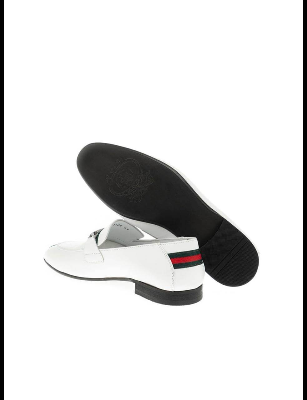 White leather loafer with red and green stripe detail and silver horsebit.