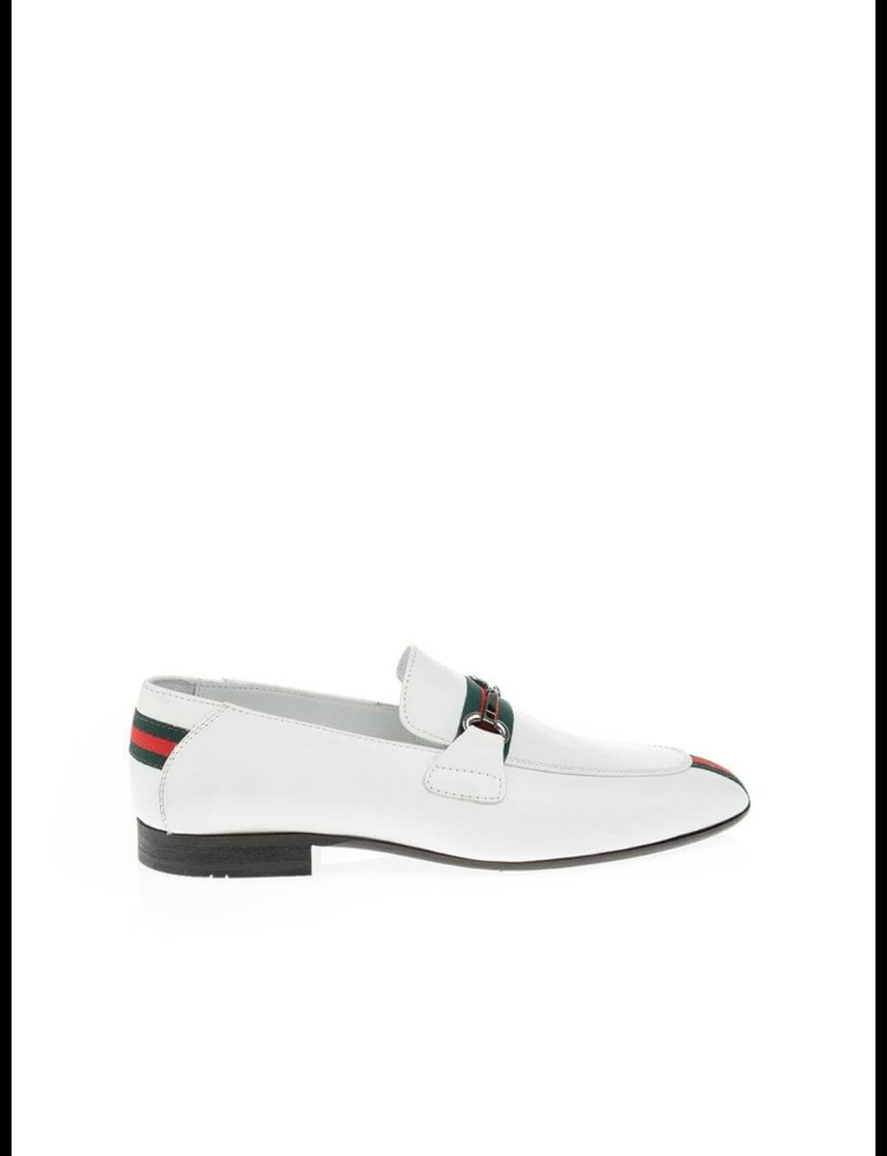 White leather loafer with red and green stripe detail and silver horsebit.