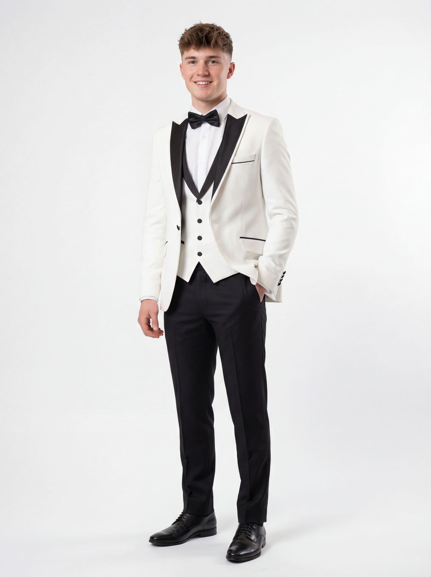 White slim fit prom tuxedo with black satin shawl lapel styled for formal prom event