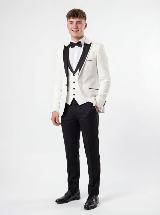 White slim fit prom tuxedo with black satin shawl lapel styled for formal prom event