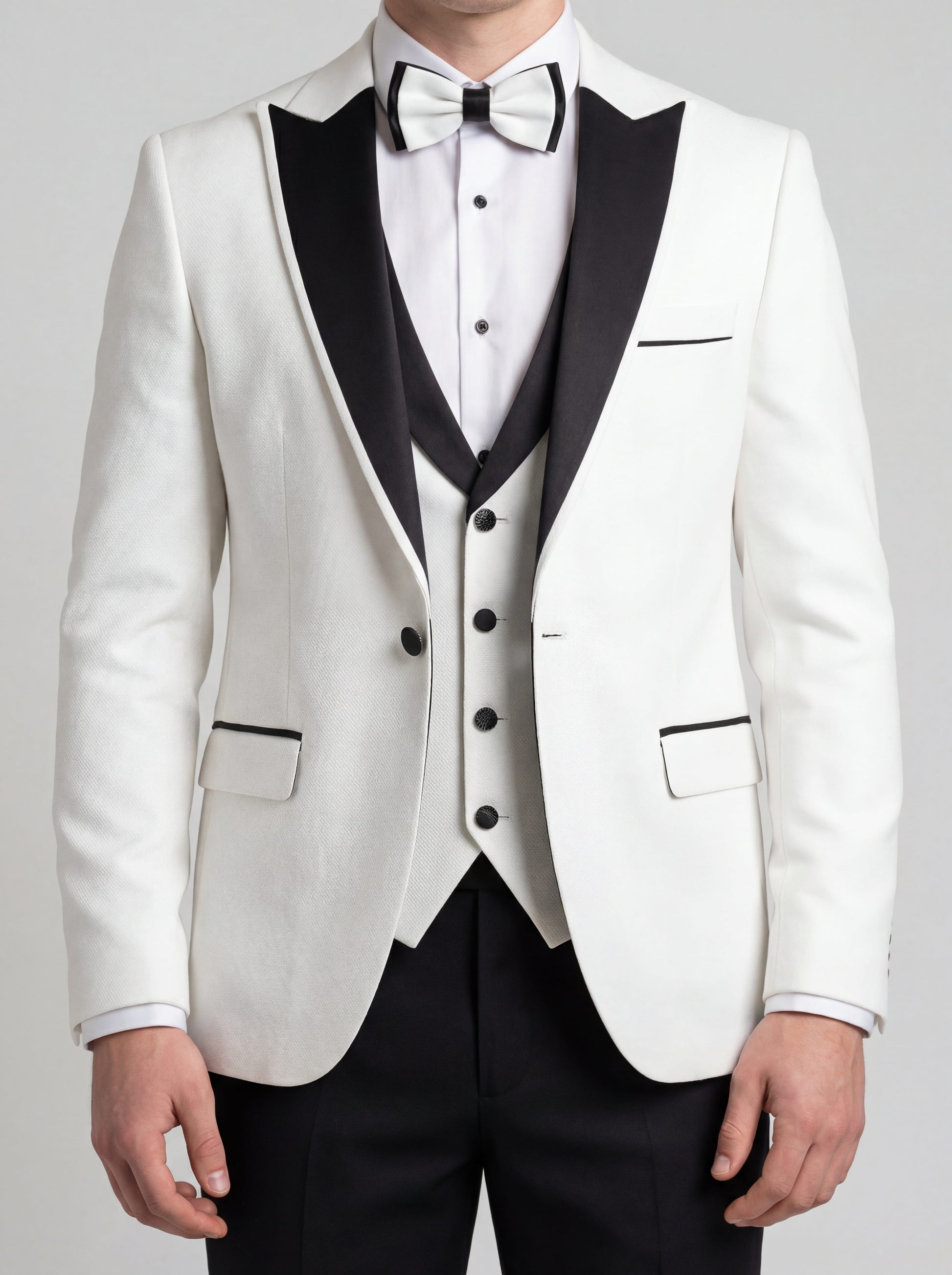 White slim fit prom tuxedo with black satin shawl lapel styled for formal prom event