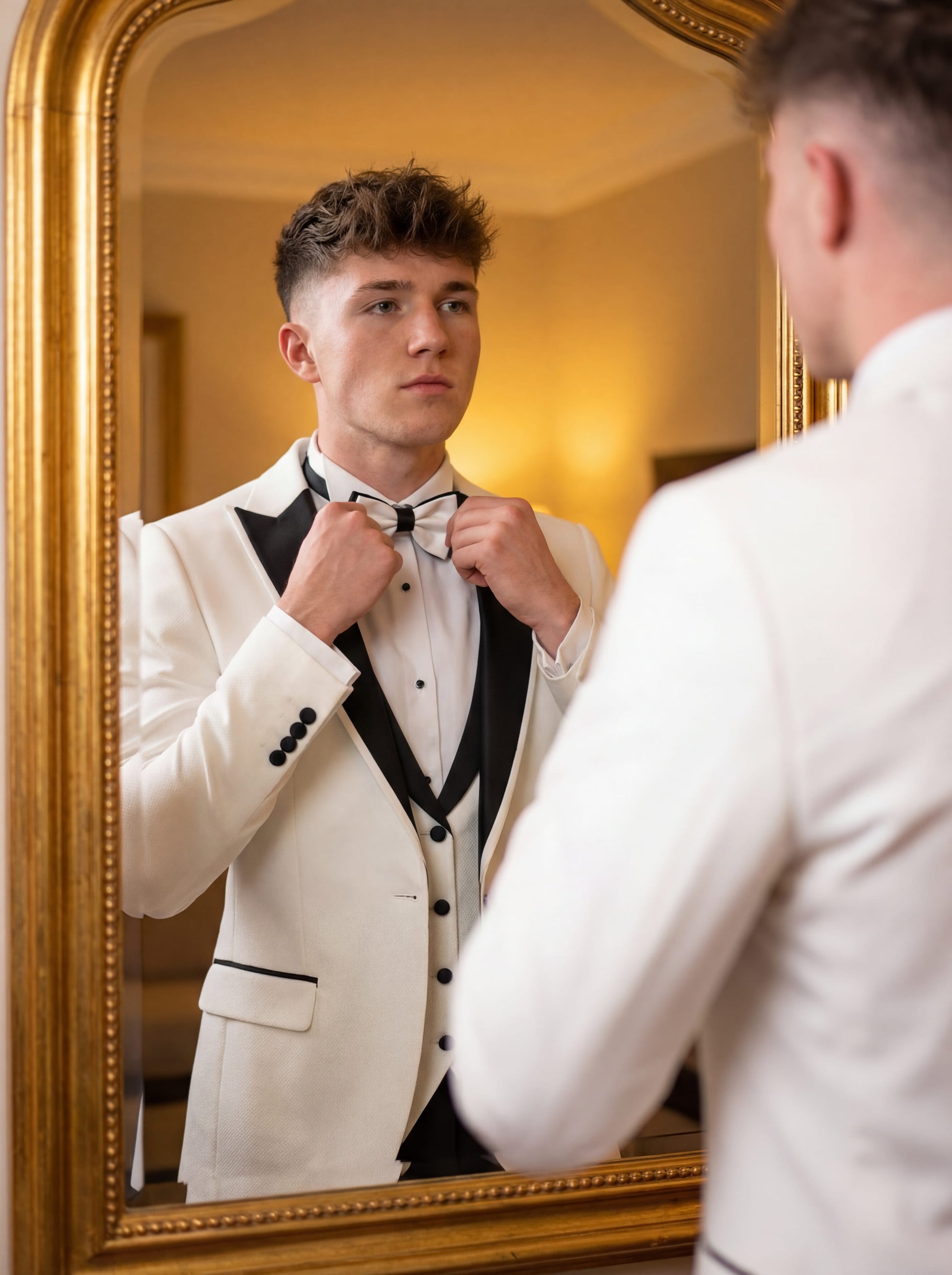 White slim fit prom tuxedo with black satin shawl lapel styled for formal prom event
