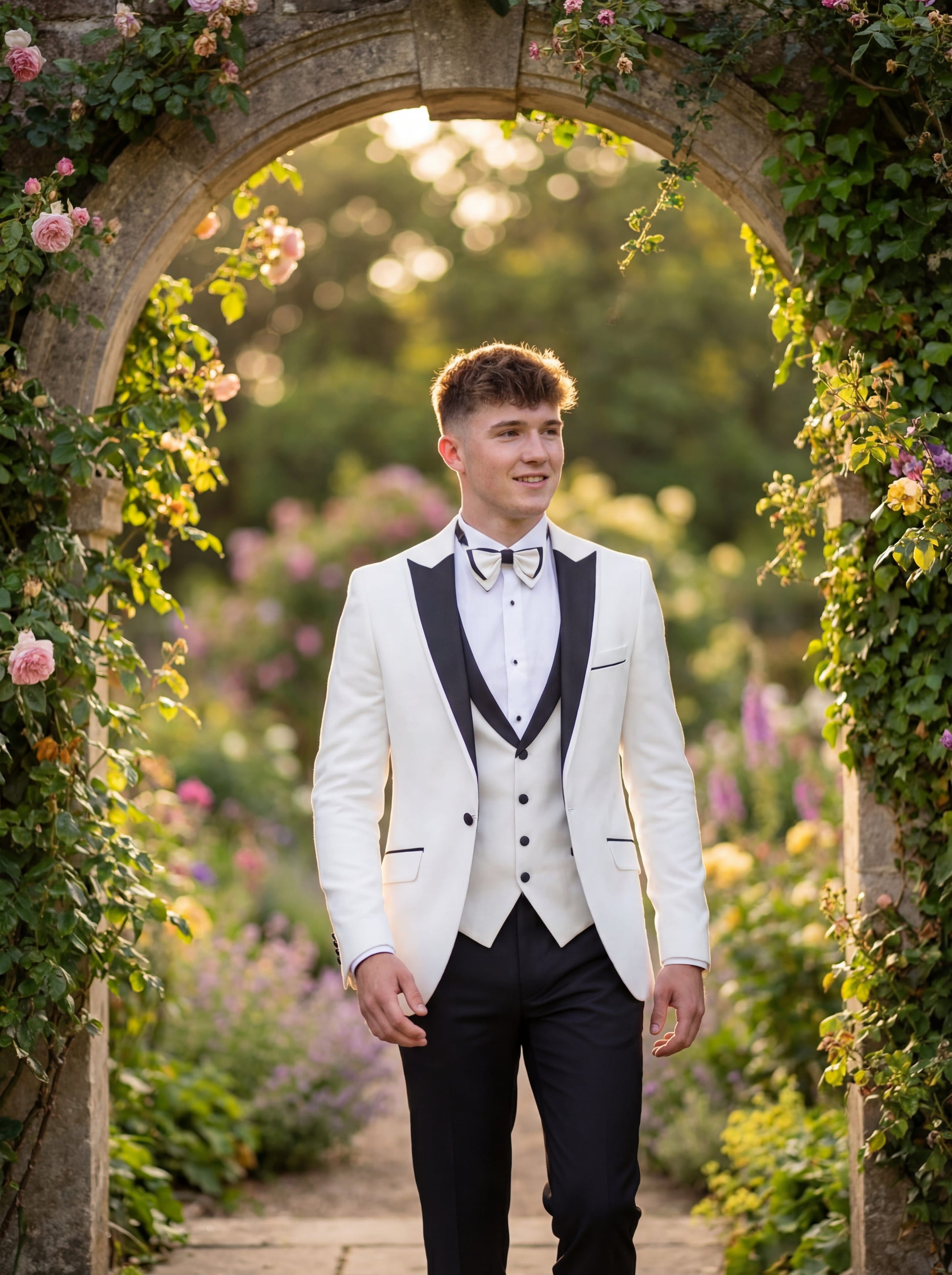 White slim fit prom tuxedo with black satin shawl lapel styled for formal prom event