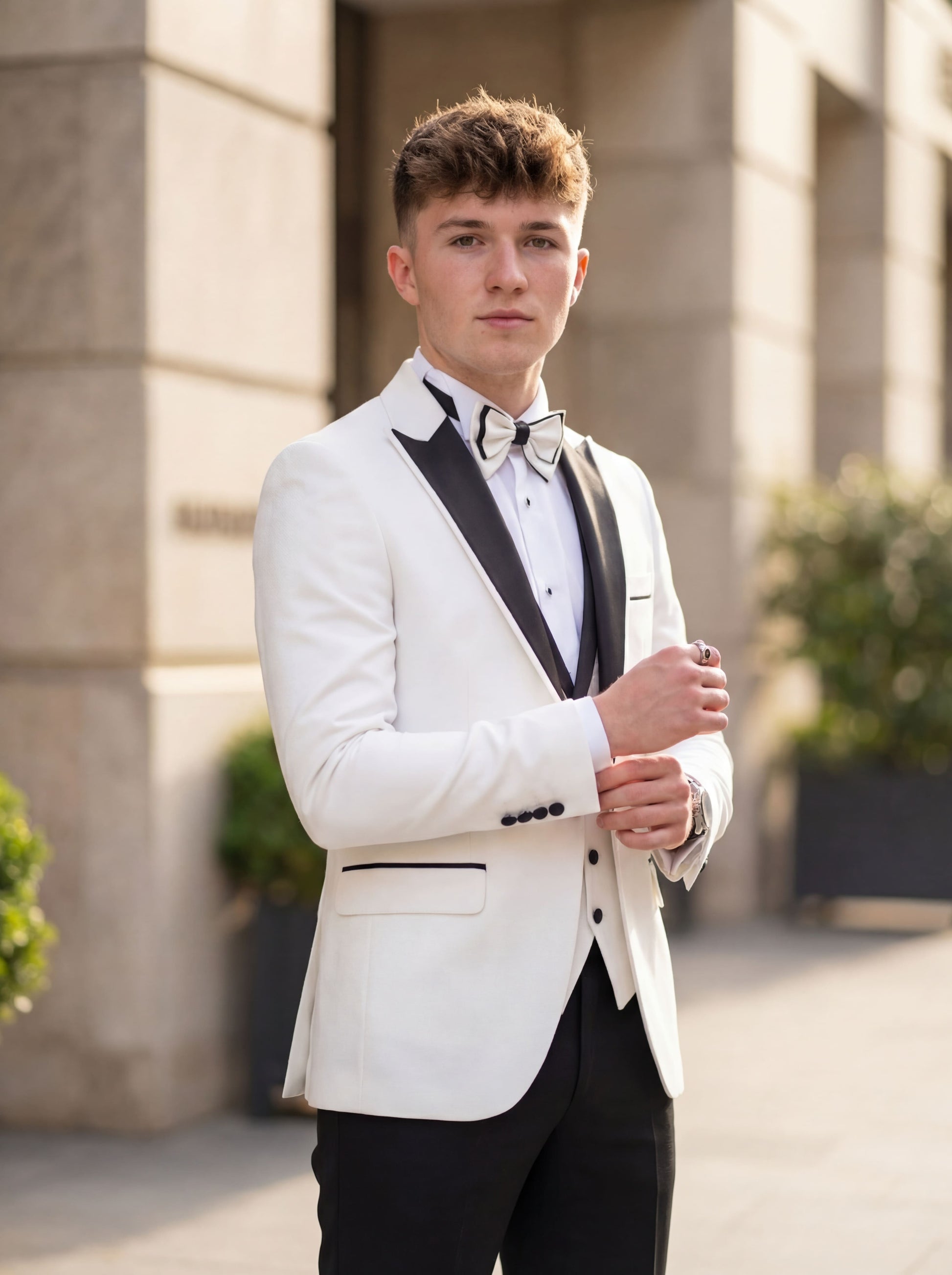 White slim fit prom tuxedo with black satin shawl lapel styled for formal prom event