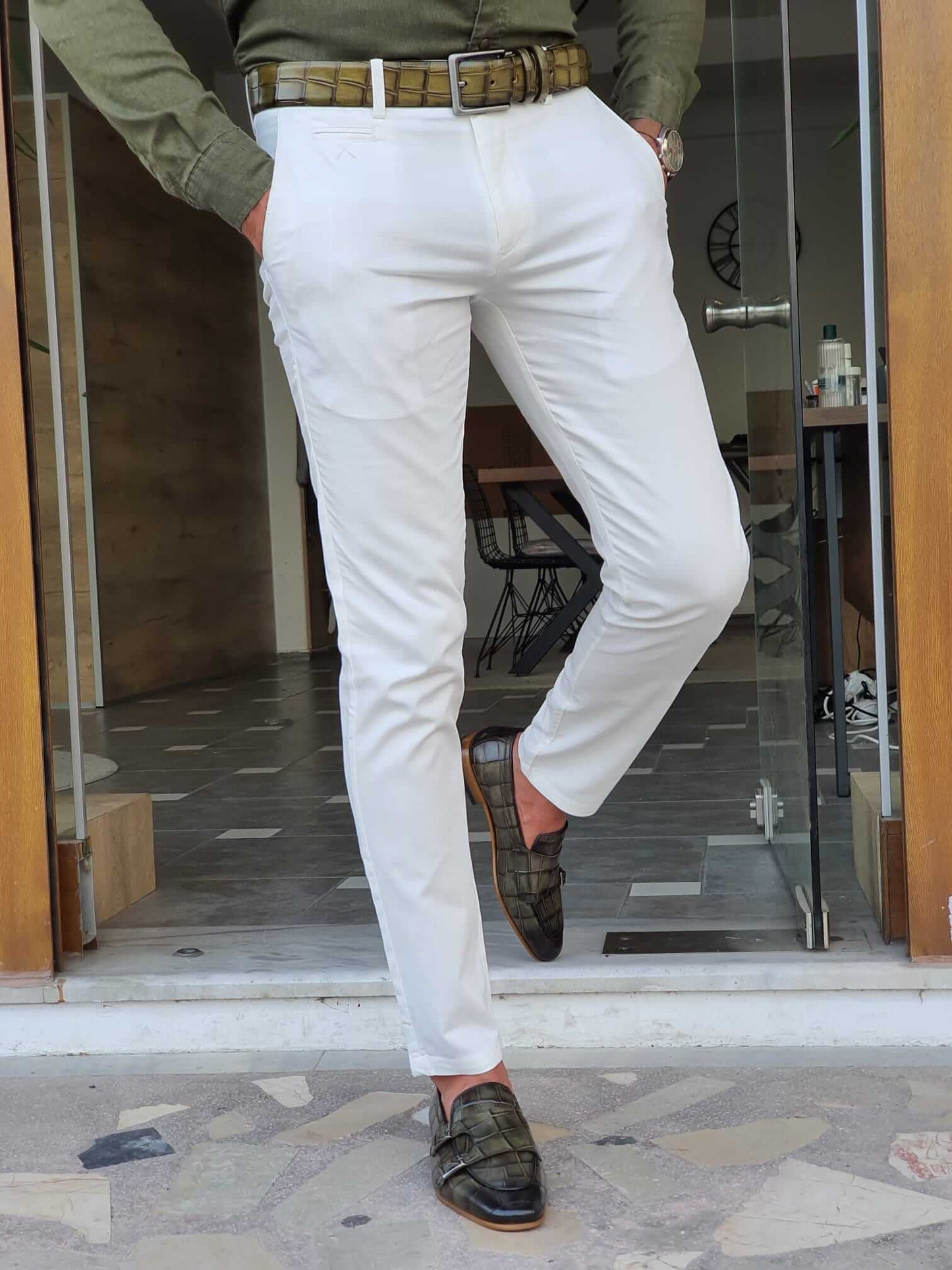 Slim Fit White Cotton Stretch Pants for Men. HolloMen Slim Fit White Cotton Stretch Pants for Men. HolloMen