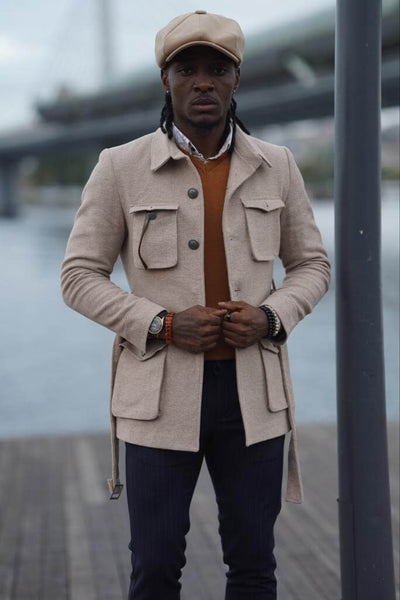 Beige Belted Jacket for Men|Stylish & Functional Fall-winter