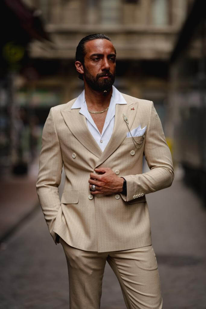 A Striped Beige Double Breasted Suit