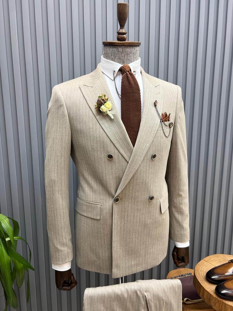 Beige Double Breasted Suit