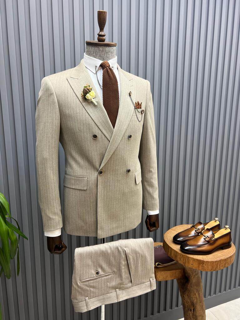 Beige Double Breasted Suit