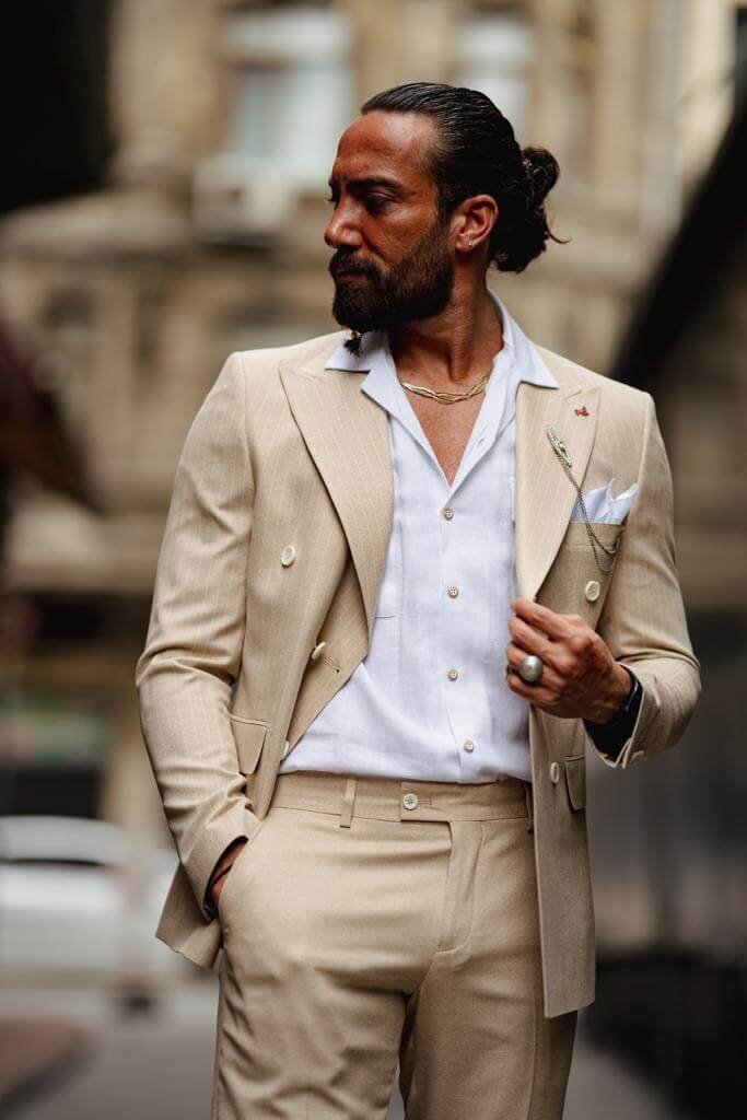 A Striped Beige Double Breasted Suit