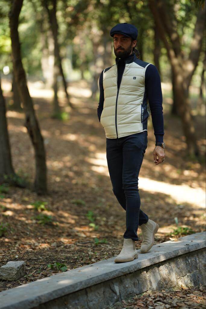 Beige down vest with a zippered front