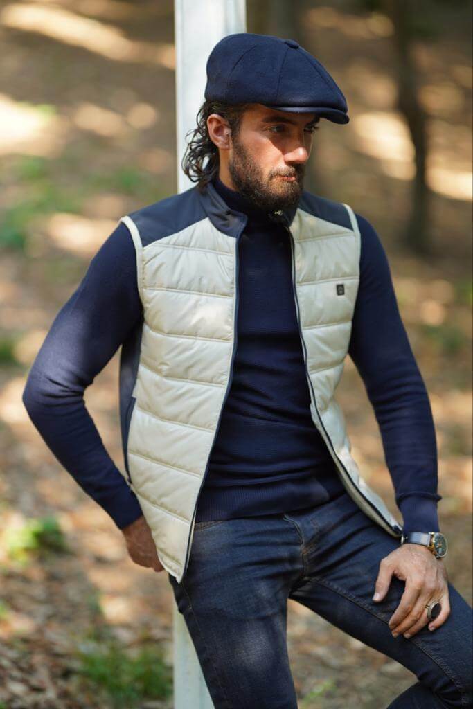 Beige down vest with a zippered front