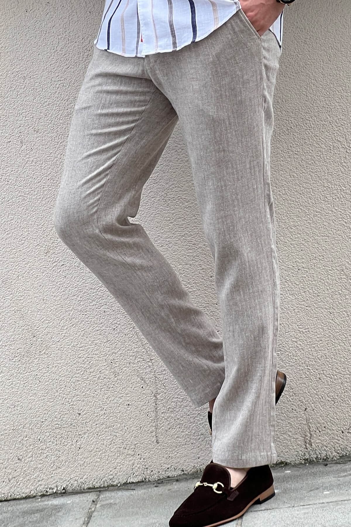 A Beige Linen Trousers on display