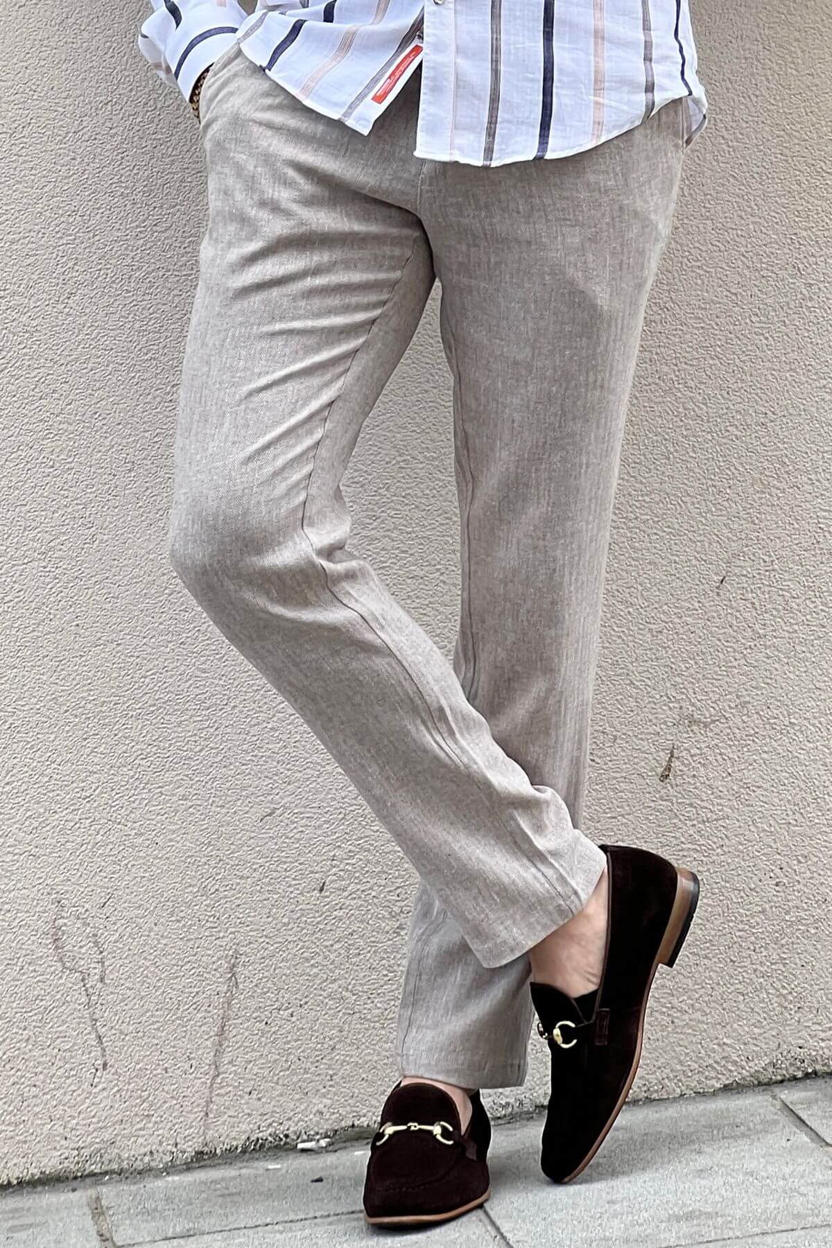 A Beige Linen Trousers on display