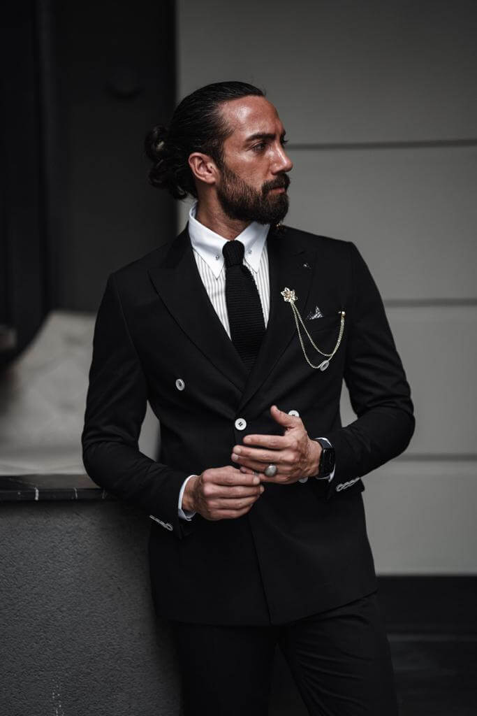 black dress suit Elegant Authority: Victoria Double Breasted Black Suit HolloMen