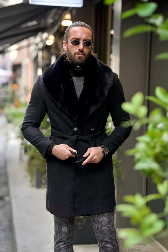 Classy black double-breasted coat made from cozy wool fabric