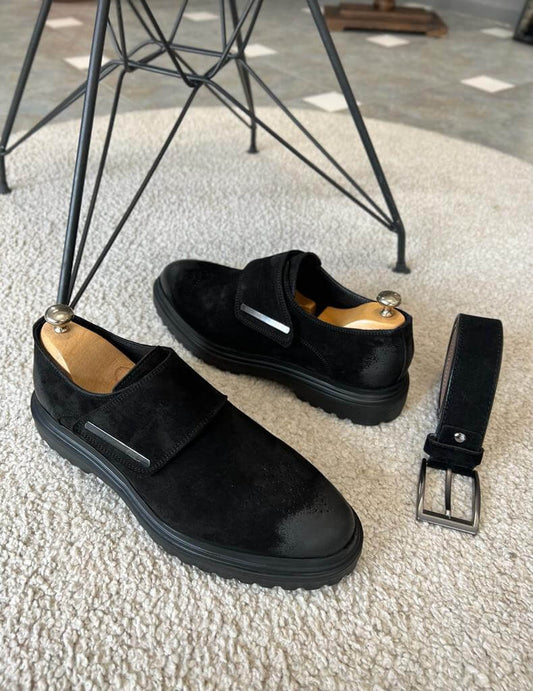 Geneva black suede single buckle monk strap loafers, featuring smooth suede texture and minimalist detailing for an elevated fall-winter look.