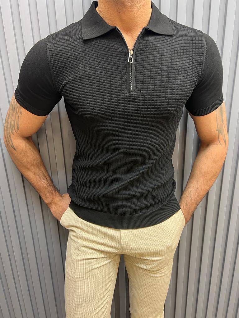 Schwarzes Polo-T-Shirt mit Reißverschlussdetail