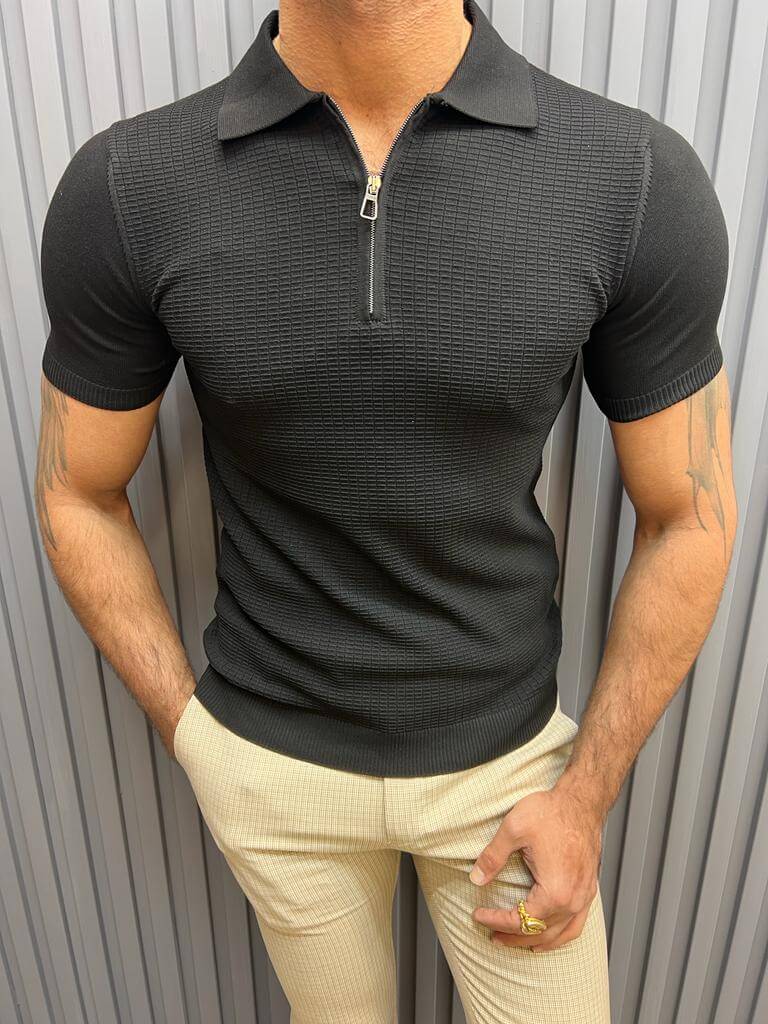 T-shirt polo noir à détail zippé