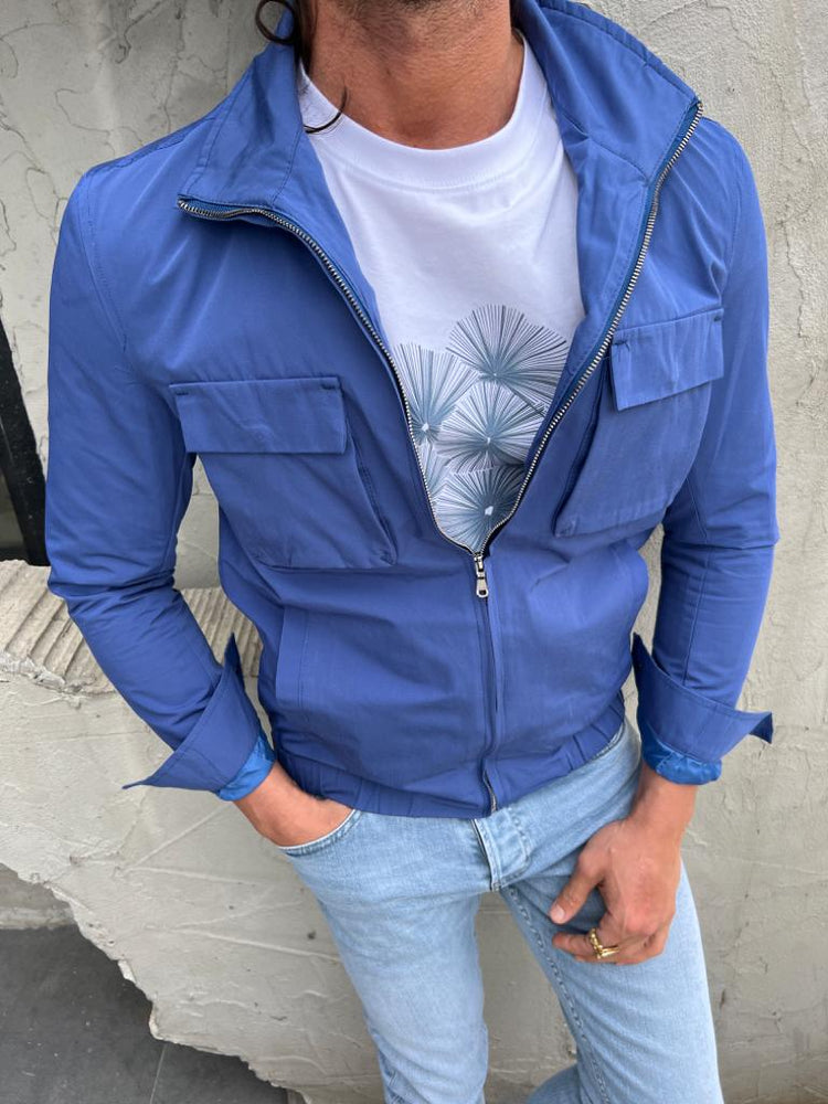 A Blue Bomber Jacket on display