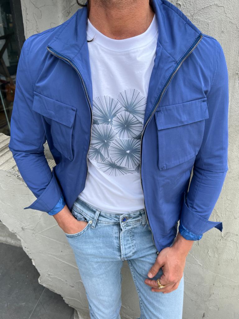 A Blue Bomber Jacket on display