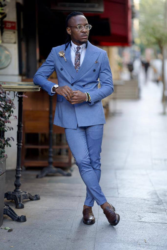 ブルー ダブル ブレスト スーツ