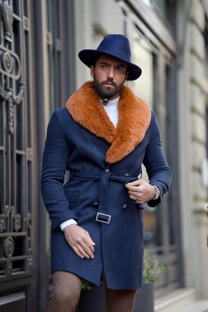 Blue double-breasted wool coat with a sleek and sophisticated design