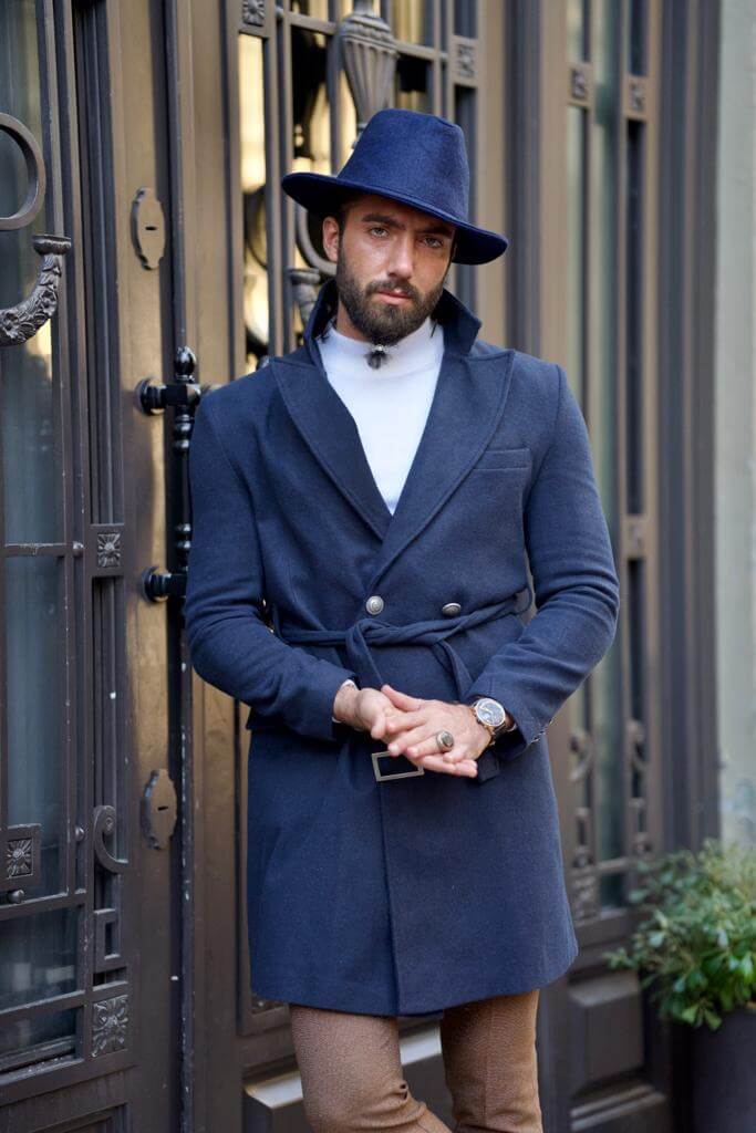 Blue double-breasted wool coat with a sleek and sophisticated design